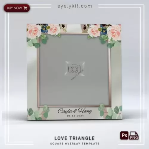 Love Triangle Overlay-This overlay features delicate pink, blue, and burgundy flowers arranged thoughtfully against a soft white background, enhanced with sleek gold geometric lines and frames. Designed to exude grace and charm, this overlay is perfect for weddings, engagement parties, anniversaries, and romantic celebrations.