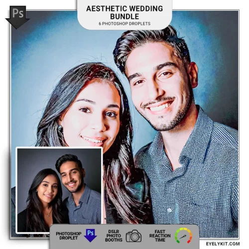 Aesthetic Wedding Droplet Pack- Featuring six professionally designed Photoshop droplets, this pack is specifically tailored to elevate the beauty, mood, and sophistication of wedding images. Whether you’re a professional photographer, photo booth owner, or graphic designer, this pack will streamline your workflow while ensuring every photo radiates timeless elegance.