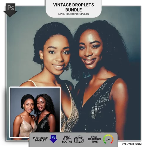 Vintage Droplet Bundle- a collection of six Photoshop droplets meticulously crafted to add a touch of elegance and nostalgia to your photos. Designed for photographers, photo booth owners, and creatives who crave timeless beauty, this bundle transforms modern images into sophisticated works of art with just a few clicks.