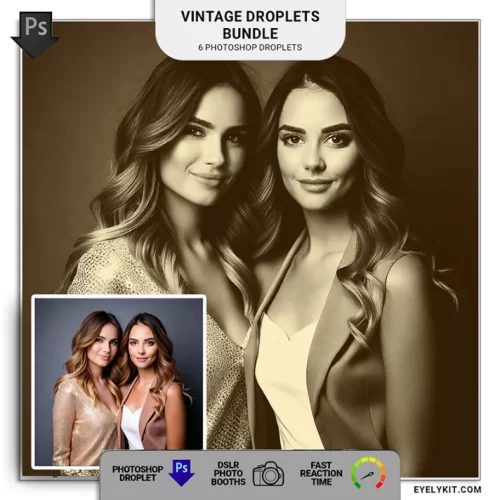 Vintage Droplet Bundle- a collection of six Photoshop droplets meticulously crafted to add a touch of elegance and nostalgia to your photos. Designed for photographers, photo booth owners, and creatives who crave timeless beauty, this bundle transforms modern images into sophisticated works of art with just a few clicks.