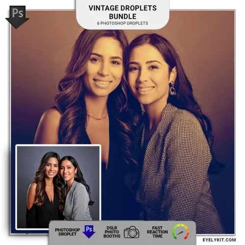 Vintage Droplet Bundle- a collection of six Photoshop droplets meticulously crafted to add a touch of elegance and nostalgia to your photos. Designed for photographers, photo booth owners, and creatives who crave timeless beauty, this bundle transforms modern images into sophisticated works of art with just a few clicks.