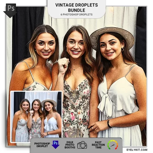 Vintage Droplet Bundle- a collection of six Photoshop droplets meticulously crafted to add a touch of elegance and nostalgia to your photos. Designed for photographers, photo booth owners, and creatives who crave timeless beauty, this bundle transforms modern images into sophisticated works of art with just a few clicks.