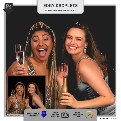 Edgy Photo Booth Photoshop Droplets- featuring six expertly crafted droplets designed for smooth and soft color edits that deliver a glamorous makeover to any picture. This bundle is perfect for creating stunning, high-quality images that leave a lasting impression on your clients. Whether you're catering to weddings, corporate events, or trendy parties, these droplets ensure your photo booth captures professional-grade results every time.