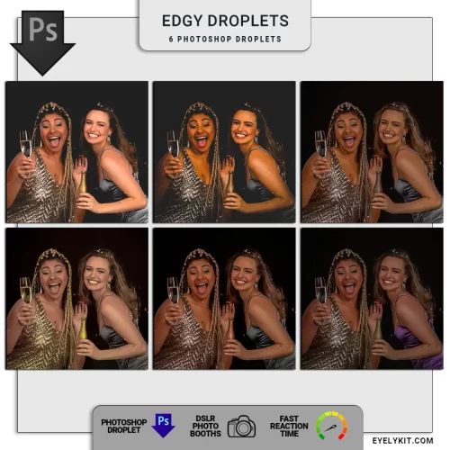 Edgy Photo Booth Photoshop Droplets- featuring six expertly crafted droplets designed for smooth and soft color edits that deliver a glamorous makeover to any picture. This bundle is perfect for creating stunning, high-quality images that leave a lasting impression on your clients. Whether you're catering to weddings, corporate events, or trendy parties, these droplets ensure your photo booth captures professional-grade results every time.