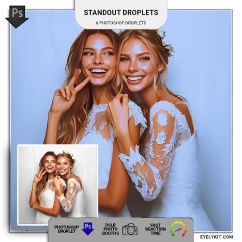 standout droplet pack- This collection features six meticulously crafted Photoshop droplets that transform your photos into breathtaking works of art. Designed for photo booth owners, photographers, and creative professionals, these droplets add a unique vintage feel and cinematic vibe to every image.