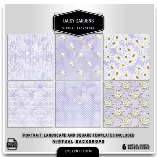 Daisy Garden Virtual Backdrops- This collection of backdrops features delicate daisy patterns in a soft pastel palette of purples and yellows, creating a lighthearted and romantic setting perfect for spring and summer events. Designed to capture the natural beauty of a blooming garden, these high-resolution backdrops are ideal for weddings, garden parties, bridal showers, baby showers, and more.