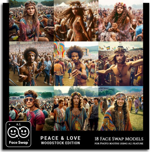 hippy at woodstock face swap AI-Faceswap-models-for-photo-booths-peace-and-love-woodstock-hippies-1