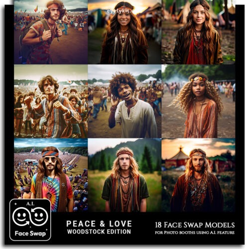 hippy at woodstock face swap AI-Faceswap-models-for-photo-booths-peace-and-love-woodstock-hippies-1