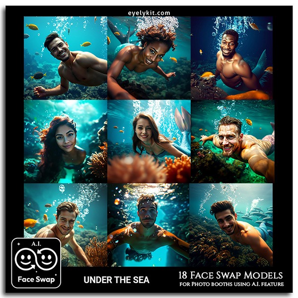 under the sea face swap collection- from mermaids and pirates to underwater royalty. Designed for photo booths, each high-quality face swap captures vibrant underwater details, like flowing hair, shimmering scales, and coral accessories. Perfect for beach parties, aquatic-themed events, or any celebration with a splash of fantasy, this collection brings the beauty and mystery of the ocean right to your photos!