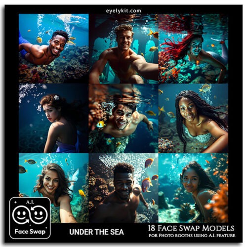 under the sea face swap collection- from mermaids and pirates to underwater royalty. Designed for photo booths, each high-quality face swap captures vibrant underwater details, like flowing hair, shimmering scales, and coral accessories. Perfect for beach parties, aquatic-themed events, or any celebration with a splash of fantasy, this collection brings the beauty and mystery of the ocean right to your photos!