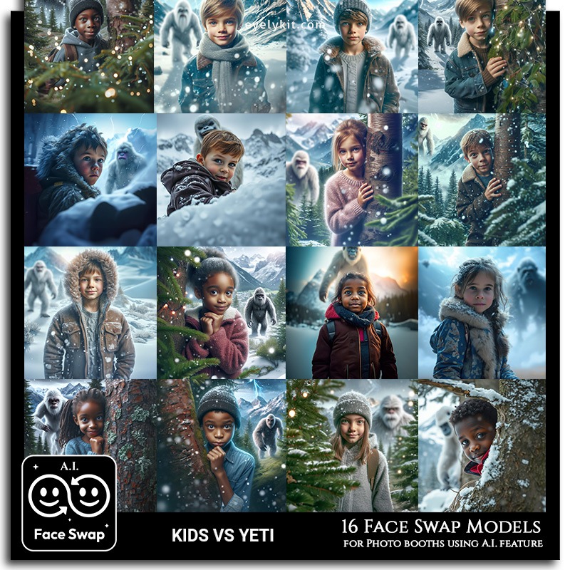 kid selfies with yeti face swap AI-Faceswap-models-for-photo-booths-yeti-christmas-kids-mountains-alps-2