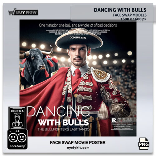 bull fighting face swap movie poster AI-Generated-Face-Swap-Movie-Posters-Photo-Booths-DANCING-WITH-BULLS-movie-poster-1