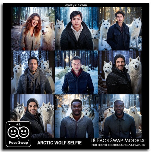 selfies with wolves face swap ai-photo-booth-face-swap-models-black-arctic-wolf-selfies-winter-face-swap-2