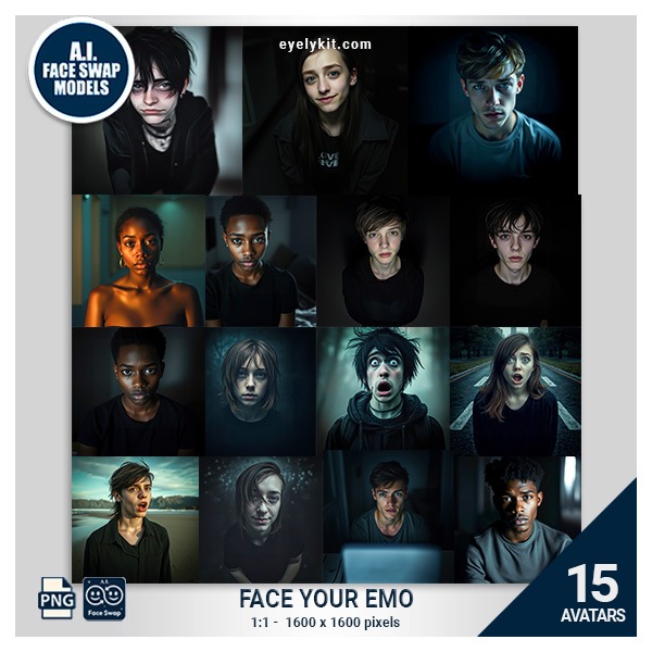 funny emo face swap photos- Perfect for photo booths, these high-quality avatars make every shot memorable and instantly nostalgic. Ideal for events with an alt, punk, or throwback vibe, this set offers a fun, unique way to embrace emo culture with striking realism!