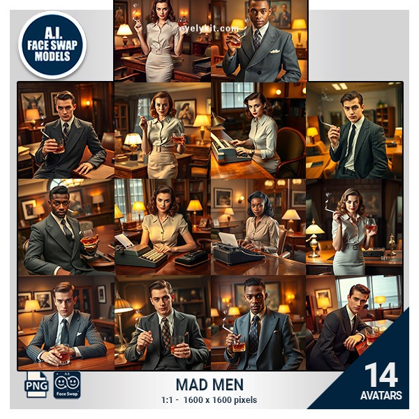 mad men face swap photos- Whether you're the confident creative director with a smirk, the poised and savvy secretary, or the dashing account exec making big moves, this set will have you looking sharp and sophisticated with our face swap face-swap-avatars-for-download-photo-booths-MAD-MEN-2