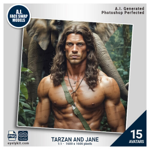 tarzan and jane realistic face swap- This set brings you right into the lush jungle, with face swaps featuring iconic elements like vine swings, jungle attire, and that adventurous spark in your eye. Perfect for wild, playful photos where you and your friends can channel your inner king (or queen) of the jungle