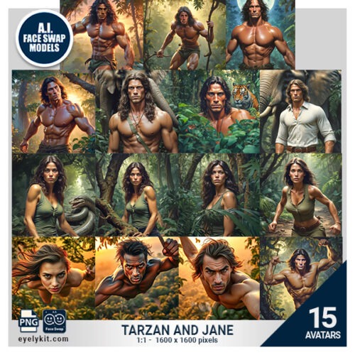 tarzan and jane realistic face swap- This set brings you right into the lush jungle, with face swaps featuring iconic elements like vine swings, jungle attire, and that adventurous spark in your eye. Perfect for wild, playful photos where you and your friends can channel your inner king (or queen) of the jungle