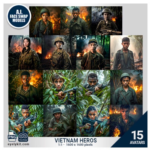 vietnam war face swap avatars- Picture yourself in scenes from the thick jungles to makeshift camps, capturing the camaraderie and resilience of soldiers in one of history’s most challenging conflicts. Perfect for creating powerful, respectful photos that salute the courage, sacrifice, and spirit of these Vietnam heroes.