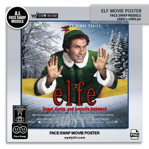 Elf Movie Poster face swap- Add a dash of holiday hilarity with our Elf Movie-Inspired Face Swap Avatars Bundle! This set includes four high-resolution avatars modeled after the beloved holiday character dressed in a festive green elf costume. Designed for photo booth owners and holiday events, these avatars bring guests into the heart of the North Pole spirit as they step into the shoes (and costume!) of an iconic elf.