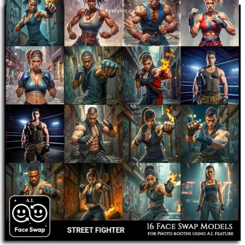 street fighter face swap avatars- Perfect for adding an exciting, nostalgic twist to your photo booth setup, this bundle brings the iconic characters of Street Fighter to life, letting guests transform into some of the most legendary fighters in gaming history. Inspired by the bold, dynamic look of the original game, this bundle is ideal for gaming-themed events, comic cons, arcade parties, and any gathering where guests want to tap into their inner warriors.