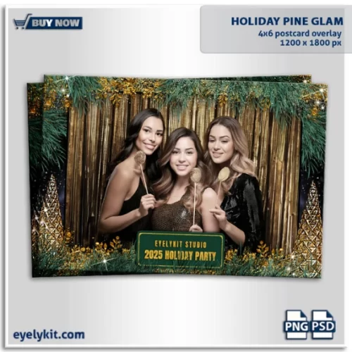 holiday pine glam photo booth templates- Festive Gold and Pine Design for Christmas Photo Booths. designed to add an elegant and festive touch to any Christmas or holiday-themed photo booth. This overlay template features lush green pine branches adorned with gold ornaments, sparkling accents, and a subtle yet glamorous holiday aesthetic that’s perfect for capturing the joy and warmth of the season. Whether for holiday parties, corporate events, or seasonal celebrations, this overlay transforms photos into festive memories with a touch of sophistication