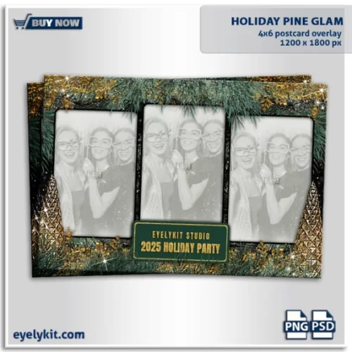 holiday pine glam photo booth templates- Festive Gold and Pine Design for Christmas Photo Booths. designed to add an elegant and festive touch to any Christmas or holiday-themed photo booth. This overlay template features lush green pine branches adorned with gold ornaments, sparkling accents, and a subtle yet glamorous holiday aesthetic that’s perfect for capturing the joy and warmth of the season. Whether for holiday parties, corporate events, or seasonal celebrations, this overlay transforms photos into festive memories with a touch of sophistication