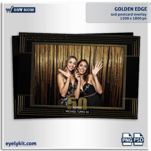 Golden Edge Photo Booth Overlay Template- a stunning, minimalist design inspired by the elegance and glamour of the Art Deco era. This overlay features clean black and gold lines with sophisticated geometric details, creating a modern, upscale feel for any event. Perfect for weddings, New Year’s Eve parties, Gatsby-themed events, and upscale gatherings, the Golden Edge template delivers a timeless aesthetic with a luxury appeal