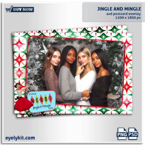 mid century jingle and mingle template-Add a touch of vintage flair to your holiday events with our Mid-Century Jingle and Mingle Photo Booth Template! Inspired by the sleek, fun designs of the 1950s and 1960s, this template brings classic holiday charm with a retro twist. Perfect for Christmas parties, holiday gatherings, and corporate events looking to capture the warmth and style of a mid-century celebration