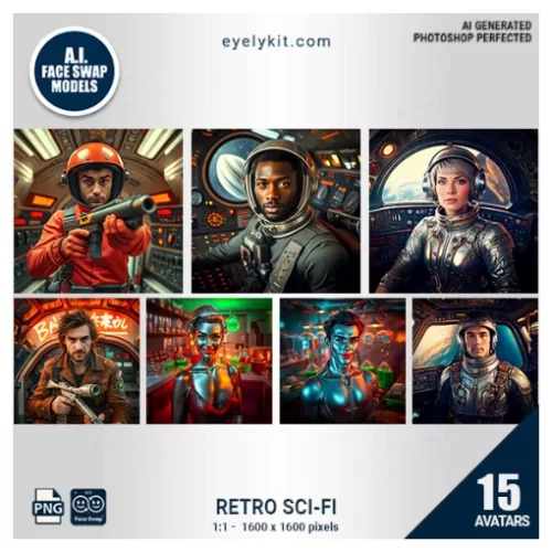 Retro Sci-Fi Face Swap Avatars- Perfect for photo booth owners and sci-fi enthusiasts, this collection features quirky, high-resolution face swap avatars inspired by retro-futuristic sci-fi themes. These fun-filled designs transport your guests to a world of cosmic adventures, complete with vintage space suits, alien encounters, and classic 1950s rocket ships.