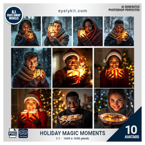 holiday magical moments Face Swap- Our Magic Moment Face Swap Set is the ultimate face-swapping digital asset, designed to bring a touch of enchantment to any photo booth event. With these themed face swap avatars, photo booth users can instantly transform their faces into a variety of magical characters holding glowing objects, creating an extraordinary experience that goes beyond a standard photo session.