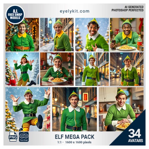 Elf Face Swap Pack- Bring a touch of the North Pole to your next event with our Elf Face Swap Pack—perfect for those looking to recreate the magic of the movie "Elf" and add a dash of humor and holiday spirit to their photos. Let your guests say, "I’m a cotton-headed ninny muggins!" as they snap away in their elf personas, creating unforgettable holiday memories!