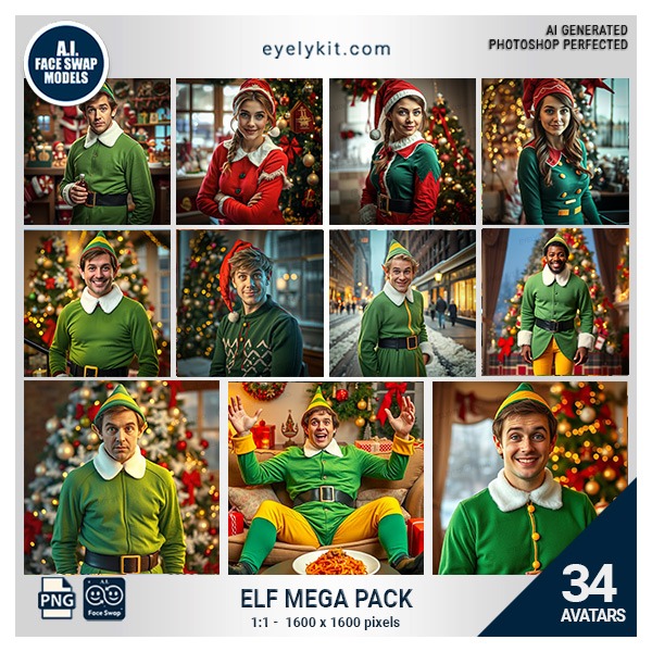 Elf Face Swap Pack- Bring a touch of the North Pole to your next event with our Elf Face Swap Pack—perfect for those looking to recreate the magic of the movie "Elf" and add a dash of humor and holiday spirit to their photos. Let your guests say, "I’m a cotton-headed ninny muggins!" as they snap away in their elf personas, creating unforgettable holiday memories!