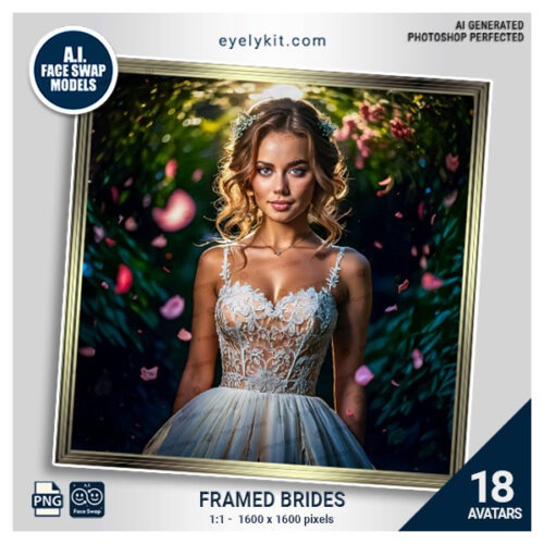 Framed Brides Face Swap Pack- a luxurious collection of face swap templates designed to add elegance, joy, and charm to wedding and bridal-themed photo booth experiences. This unique digital asset features beautiful bride avatars framed in a classic gold frame, allowing guests to step into the role of a bride in stunning, styled settings. Perfect for weddings, bridal showers, bachelorette parties, and wedding expos, this pack brings an extra element of fun and sophistication to any celebration.