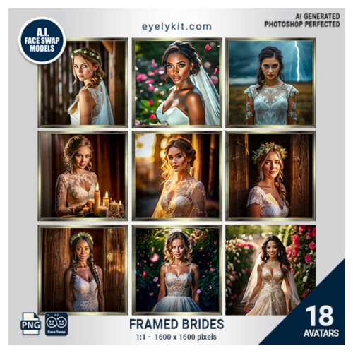 Framed Brides Face Swap Pack- a luxurious collection of face swap templates designed to add elegance, joy, and charm to wedding and bridal-themed photo booth experiences. This unique digital asset features beautiful bride avatars framed in a classic gold frame, allowing guests to step into the role of a bride in stunning, styled settings. Perfect for weddings, bridal showers, bachelorette parties, and wedding expos, this pack brings an extra element of fun and sophistication to any celebration.