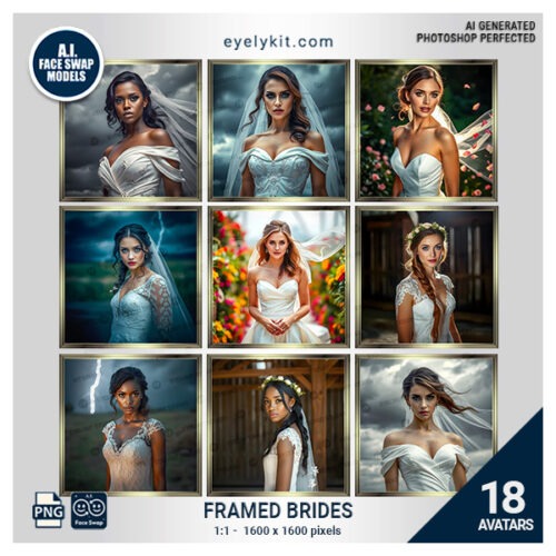 Framed Brides Face Swap Pack- a luxurious collection of face swap templates designed to add elegance, joy, and charm to wedding and bridal-themed photo booth experiences. This unique digital asset features beautiful bride avatars framed in a classic gold frame, allowing guests to step into the role of a bride in stunning, styled settings. Perfect for weddings, bridal showers, bachelorette parties, and wedding expos, this pack brings an extra element of fun and sophistication to any celebration.