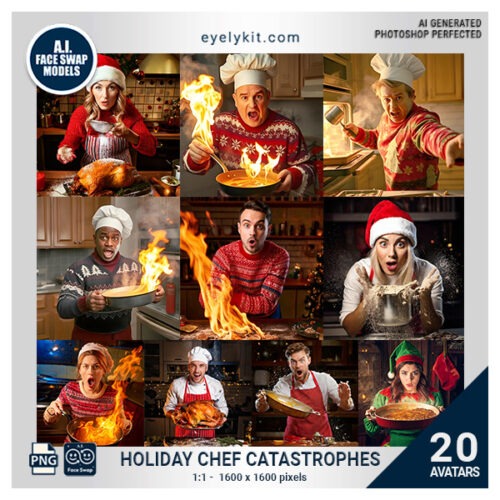 funny holiday chef face swap avatars- This festive bundle features a variety of themed chef avatars, each with humorous expressions and holiday-inspired attire, perfect for bringing laughs and unforgettable memories to Christmas parties, winter gatherings, and seasonal celebrations. Each high-resolution avatar is designed to seamlessly swap faces using AI face swap features in popular photo booth software