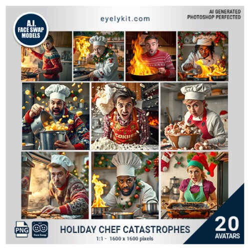 funny holiday chef face swap avatars- This festive bundle features a variety of themed chef avatars, each with humorous expressions and holiday-inspired attire, perfect for bringing laughs and unforgettable memories to Christmas parties, winter gatherings, and seasonal celebrations. Each high-resolution avatar is designed to seamlessly swap faces using AI face swap features in popular photo booth software