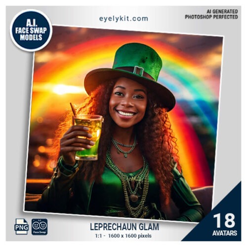 leprechaun glam face swap- The Leprechaun Glam Face Swap Bundle is perfect for St. Patrick’s Day parties, themed photo booths, Irish heritage events, festivals, and any festive gathering where guests want to get in on the magical fun with a fashionable twist. These avatars bring a glamorous edge to the traditional leprechaun look, letting guests enjoy the spirit of St. Paddy’s Day in style.