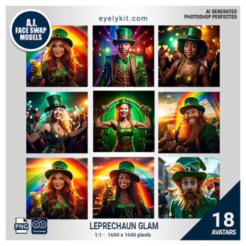 leprechaun glam face swap- The Leprechaun Glam Face Swap Bundle is perfect for St. Patrick’s Day parties, themed photo booths, Irish heritage events, festivals, and any festive gathering where guests want to get in on the magical fun with a fashionable twist. These avatars bring a glamorous edge to the traditional leprechaun look, letting guests enjoy the spirit of St. Paddy’s Day in style.