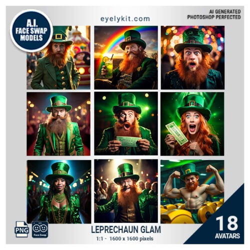 leprechaun glam face swap- The Leprechaun Glam Face Swap Bundle is perfect for St. Patrick’s Day parties, themed photo booths, Irish heritage events, festivals, and any festive gathering where guests want to get in on the magical fun with a fashionable twist. These avatars bring a glamorous edge to the traditional leprechaun look, letting guests enjoy the spirit of St. Paddy’s Day in style.