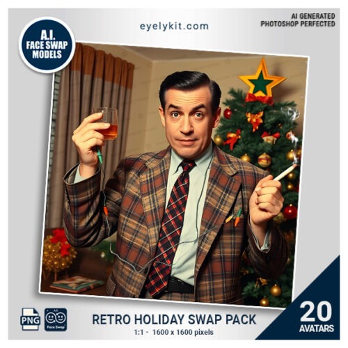 retro holidays face swap-The Retro Holidays Face Swap Avatars Bundle captures the spirit of a vintage Christmas, mid-century holiday face swaps, and nostalgic holiday themes. Ideal for retro Christmas photo booths, 1950s holiday parties, classic Christmas themes, and nostalgic holiday overlays, these avatars bring a unique and festive look to holiday events, appealing to guests of all ages.