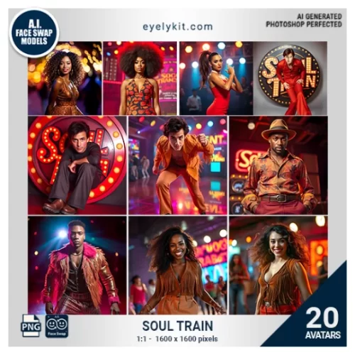 Soul Train Face Swap- This bundle captures the vibrant, high-energy spirit of the legendary dance show, offering 8 high-quality face swap avatars that let your guests step into the groove of the 70s. With bold fashions, funky hairstyles, and classic dance moves, this set is perfect for retro-themed events, 70s parties, and any gathering where you want to infuse a little Soul Train flair into the fun.