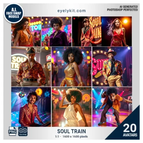 Soul Train Face Swap- This bundle captures the vibrant, high-energy spirit of the legendary dance show, offering 8 high-quality face swap avatars that let your guests step into the groove of the 70s. With bold fashions, funky hairstyles, and classic dance moves, this set is perfect for retro-themed events, 70s parties, and any gathering where you want to infuse a little Soul Train flair into the fun.