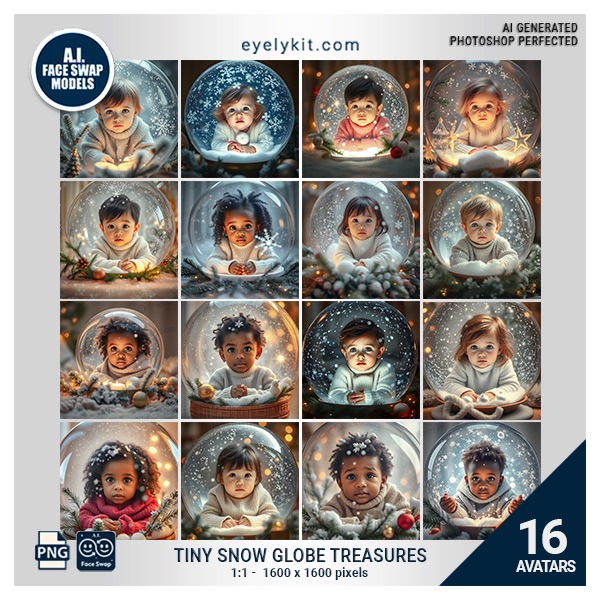 kids in snowglobes face swap- The Kids in Snow Globes Face Swap Avatars Bundle is a holiday-themed digital asset that provides a magical experience for Christmas photo booths, winter wonderland setups, snow globe-themed photos, and festive kid avatars. These adorable snow globe face swaps are ideal for creating unique holiday photo memories and are the perfect addition for seasonal photo booths, Christmas overlays, winter-themed photos, and holiday event photography