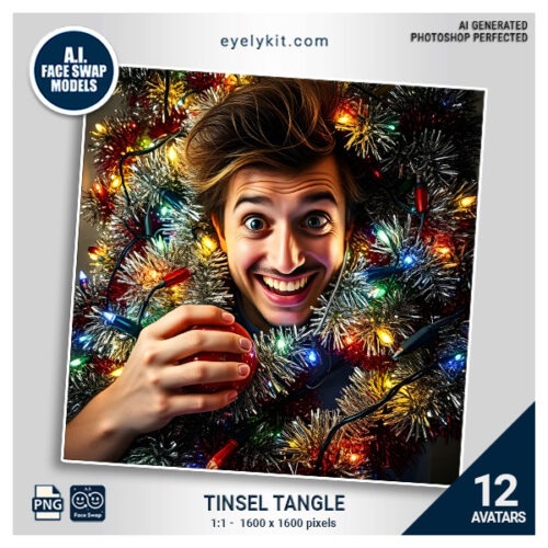 tangled in tinsel face swap- a festive, lighthearted, and eye-catching collection of holiday-themed face swap avatars, designed to add extra cheer and sparkle to any seasonal celebration. This bundle is packed with avatars that feature people joyfully wrapped in holiday tinsel, adorned with ornaments, and wearing holiday accessories like Santa hats, reindeer antlers, and cozy scarves.