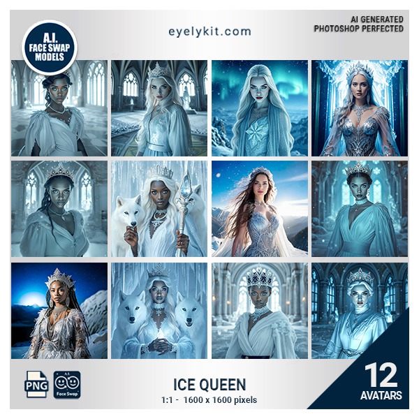 nutcracker ice queen face swap- This enchanting bundle features stunning Nutcracker-inspired Ice Queen avatars, complete with frosty tiaras, shimmering ice-blue gowns, and regal wintery accessories, perfect for adding a dash of winter wonderland fantasy to Christmas parties, winter weddings, and themed celebrations.