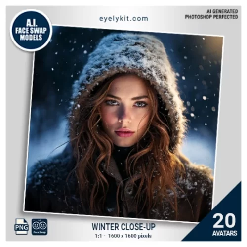 winter elegant head shots face swap- Bring the beauty and wonder of winter to life with our Winter Closeups Face Swap Bundle. This stunning seasonal bundle captures the elegance and tranquility of a snowy winter’s night, featuring 8 unique face swap avatars with professionally designed headshots. Set against a rich blue night background illuminated by soft studio lighting and delicate falling snow, each avatar offers a refined, high-quality look that’s perfect for winter events, holiday parties, and seasonal photo booths.