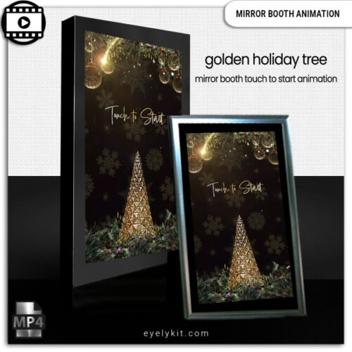 gold christmas tree mirror booth animations- Enhance your holiday event with our Gold Christmas Tree Mirror Booth Animation! This touch-to-start screen is perfect for mirror photo booths, featuring a dazzling gold sparkling Christmas tree framed by lush winter pine branches and topped with classic Christmas ball ornaments for a festive, luxurious look. Designed to capture the magic of the holiday season, this animation invites guests to start their photo booth experience with a warm, elegant welcome.