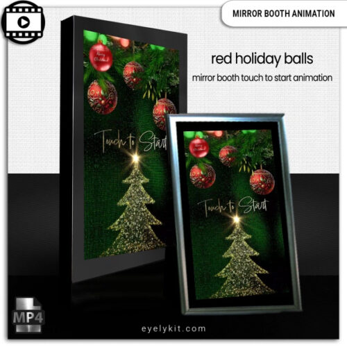 red green gold mirror booth animations- Introducing our Red, Green, and Gold Christmas Mirror Booth Animation Screen – a perfect touch-to-start animation for the holiday season! Designed with a classic Christmas color scheme, this animation screen features red swinging ball ornaments gracefully moving across a festive green background, highlighted with elegant gold accents to create a warm, inviting atmosphere.