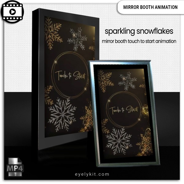 gold and silver snowflakes mirror booth- Designed specifically for mirror booths, this snowflake animation sets the perfect scene, blending holiday charm with a high-end look for an unforgettable experience